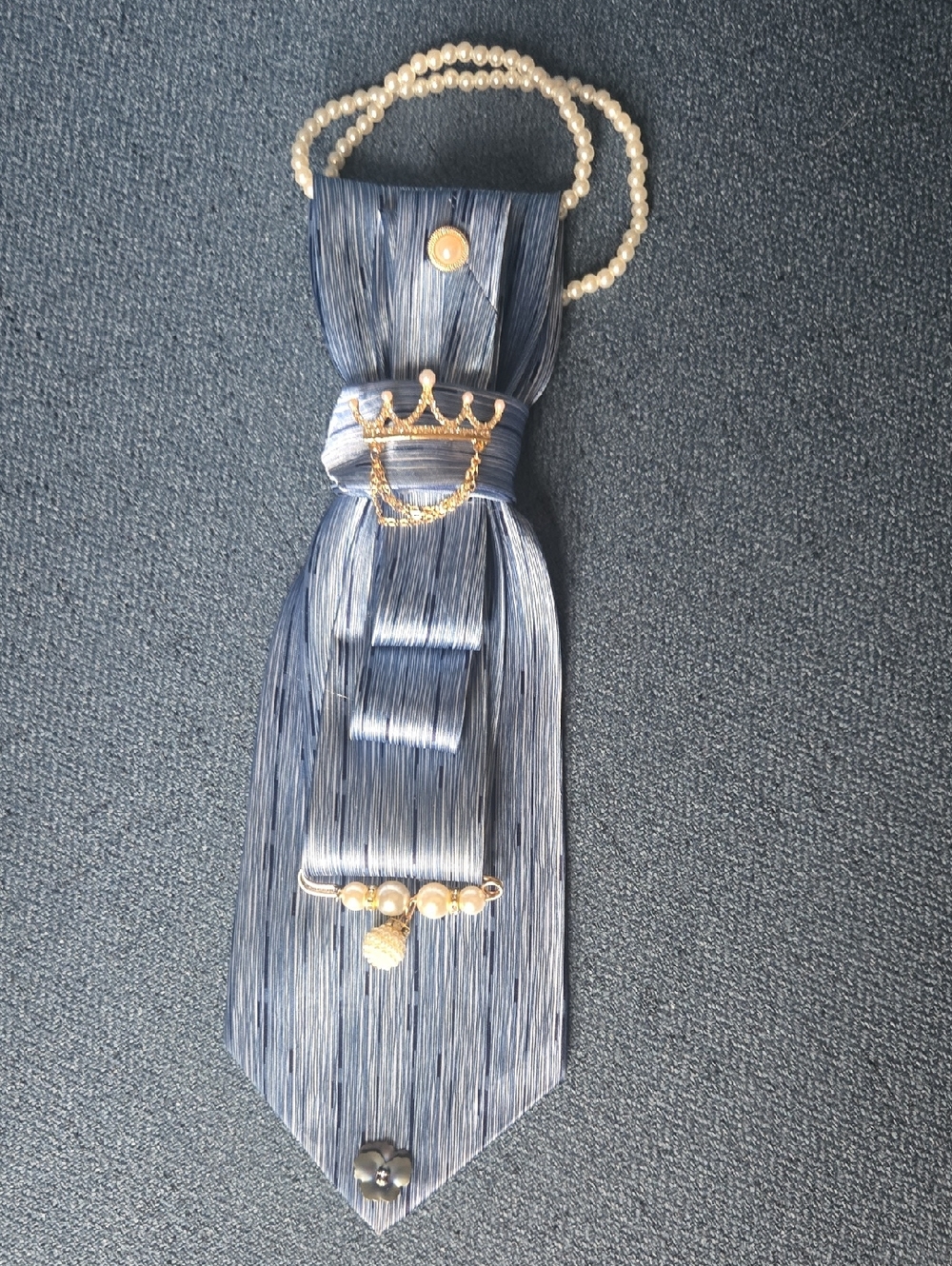 3/$60 Blue Decorative Cravat with Pearl Crown Detail and Pearl Pins